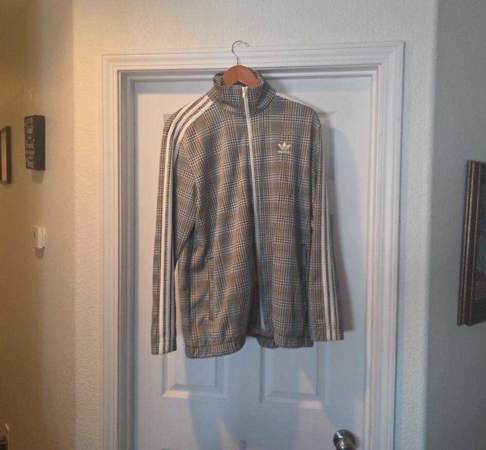 adidas Plaid Zip-Front Track Jacket in Beige and Black with White Stripes